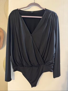 Express Black Draped Faux-Wrap Long Sleeve Bodysuit